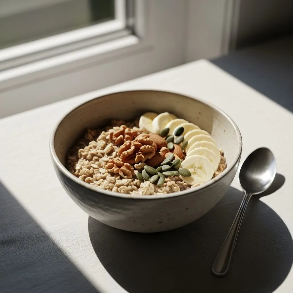 Bol d’avoine avec banane, noix et graines riches en tryptophane