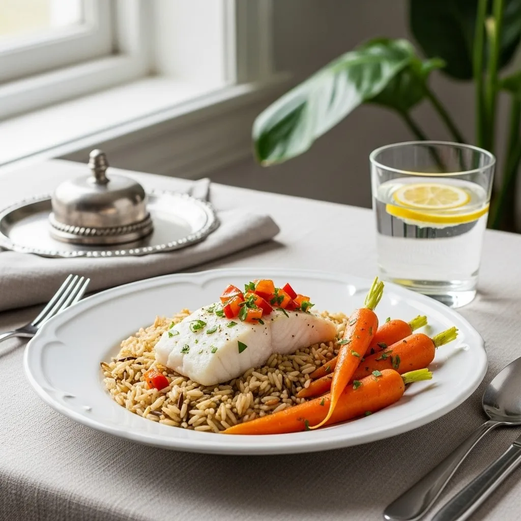 Assiette légère riz basmati, poisson, carottes vapeur.