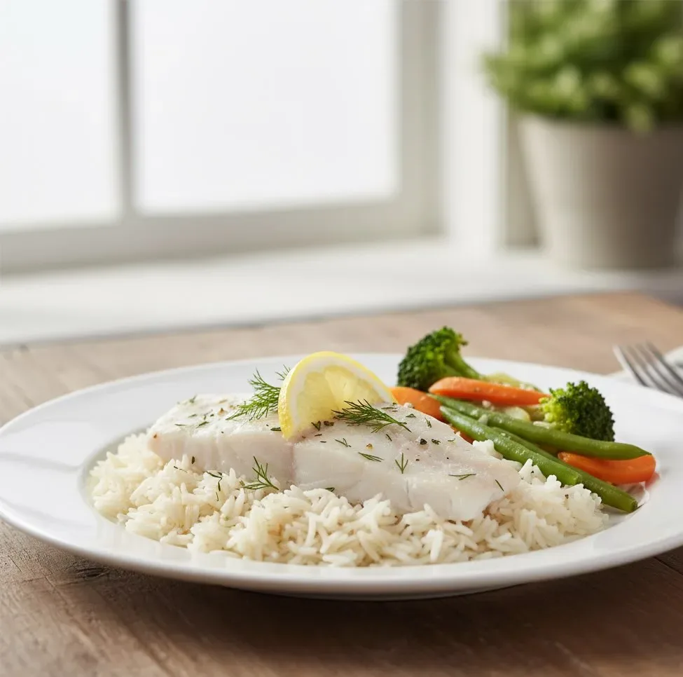 Assiette légère poisson, riz, légumes vapeur.