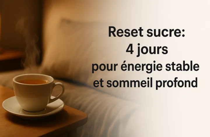 Tasse de tisane sur table de chevet, ambiance apaisante.