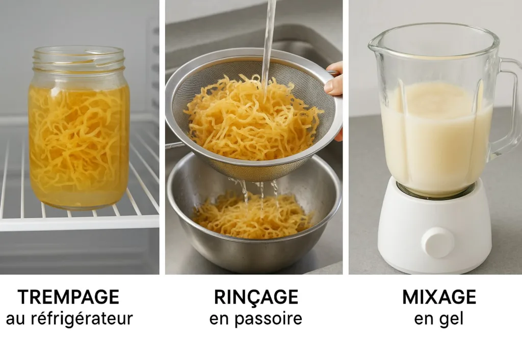 Étapes de préparation de la sea moss : tremper, rincer, mixer en gel.