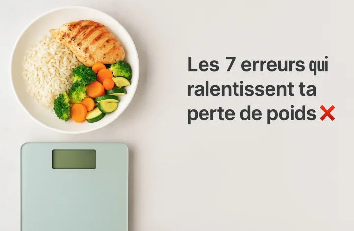 Image de couverture avec assiette équilibrée (riz, poulet, légumes), balance et titre « Les 7 erreurs qui ralentissent ta perte de poids ❌ ».