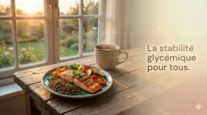 Assiette équilibrée et tasse de thé illustrant la stabilité glycémique. • Titre : Couverture – Stabilité glycémique pour tous. • Légende : Une assiette colorée pour lisser la courbe de glycémie au quotidien. • Description :