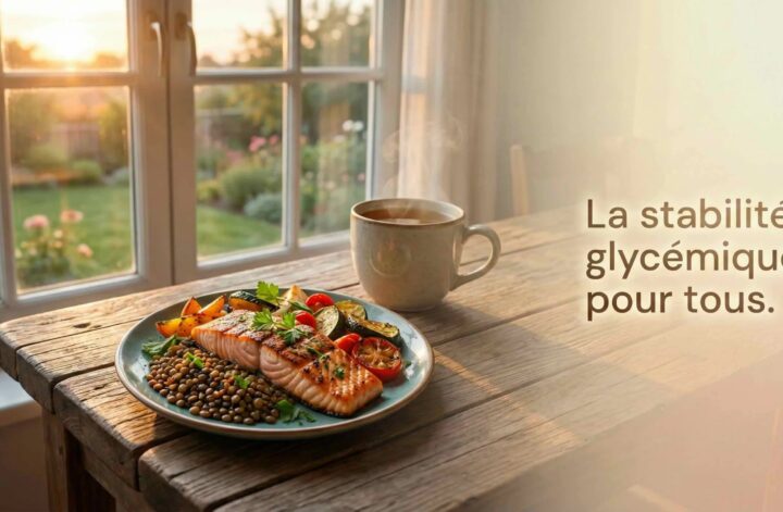 Assiette équilibrée et tasse de thé illustrant la stabilité glycémique. • Titre : Couverture – Stabilité glycémique pour tous. • Légende : Une assiette colorée pour lisser la courbe de glycémie au quotidien. • Description :